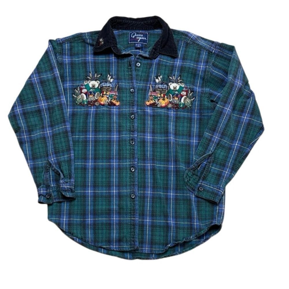 90s Vintage Plaid Teddy Bear Embroidered Quizz Again Women’s Button Down Medium